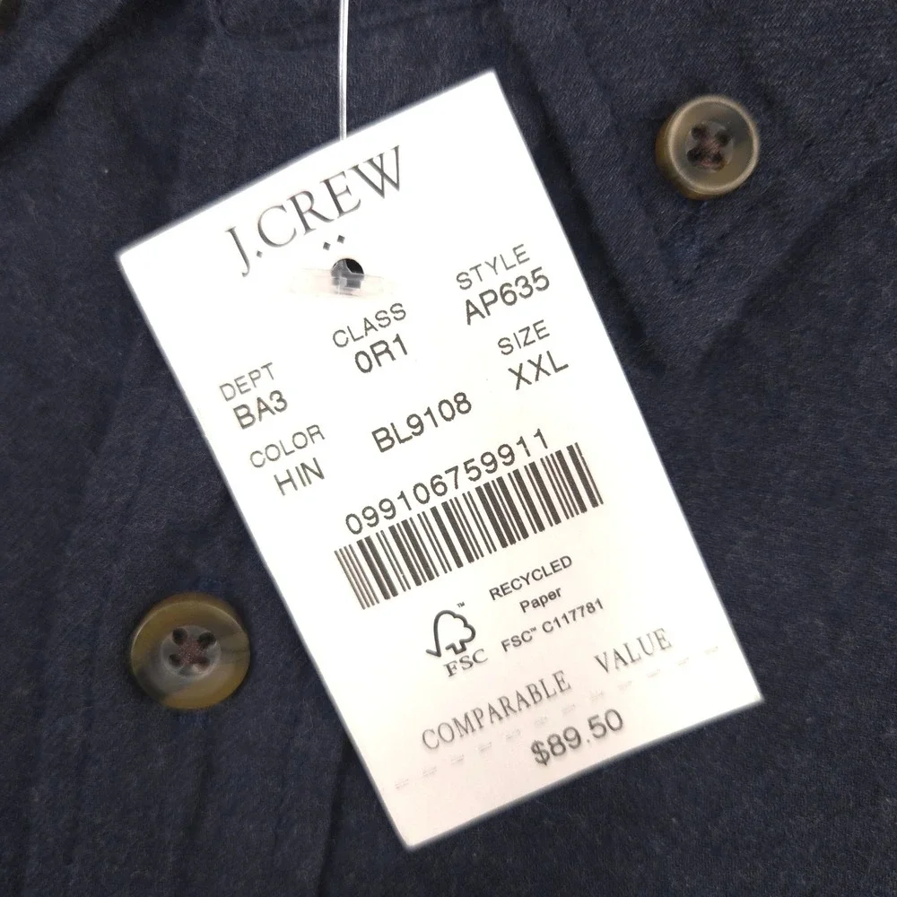 J Crew Brushed Twill Shirt Mens XXL Navy Classic Fit Long Sleeve Button Down NEW